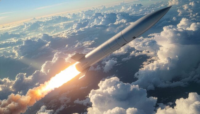 Hypersonic missile launch soaring through the stratosphere above clouds at sunset. Advanced aerospace technology and military defense intercontinental ballistic missile in high-speed flight.